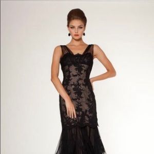 Teri Jon Long Black Lace Over Nude Mermaid